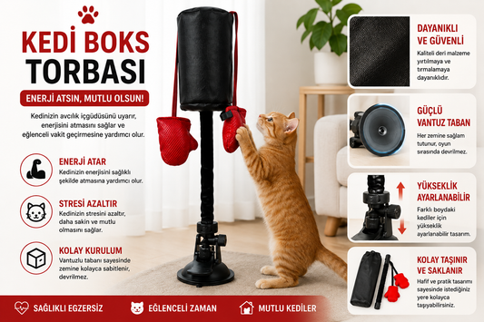 Kedi Boks Torbası – Yüksekliği Ayarlanabilir Vantuzlu İnteraktif Kedi Oyuncağı | Avcılık İçgüdüsü Uyarıcı