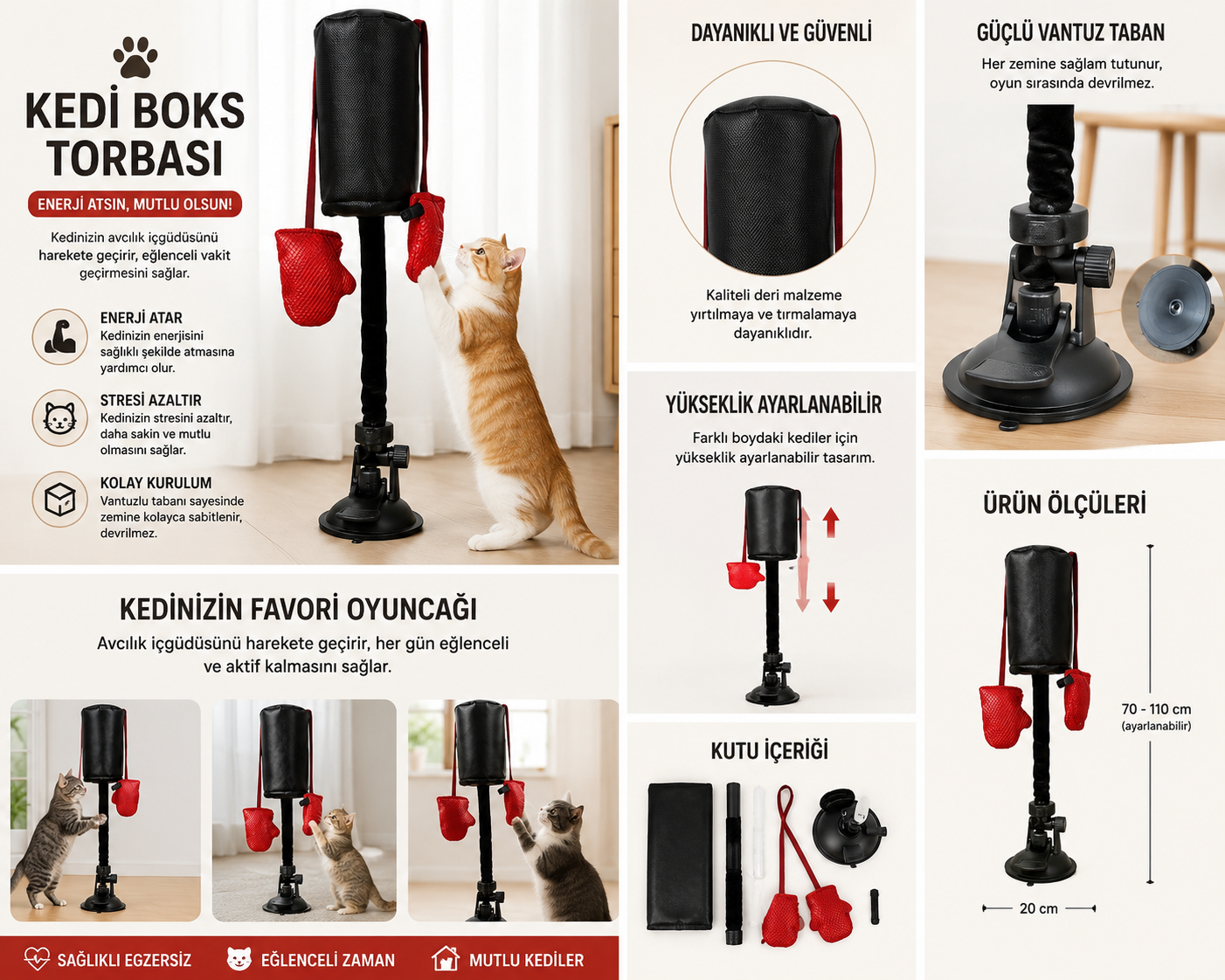 Kedi Boks Torbası – Yüksekliği Ayarlanabilir Vantuzlu İnteraktif Kedi Oyuncağı | Avcılık İçgüdüsü Uyarıcı